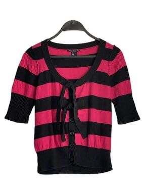 SONIA RYKIEL for H&M Striped Black & Pink Tie-Front Short Sleeve Sweater Cardig